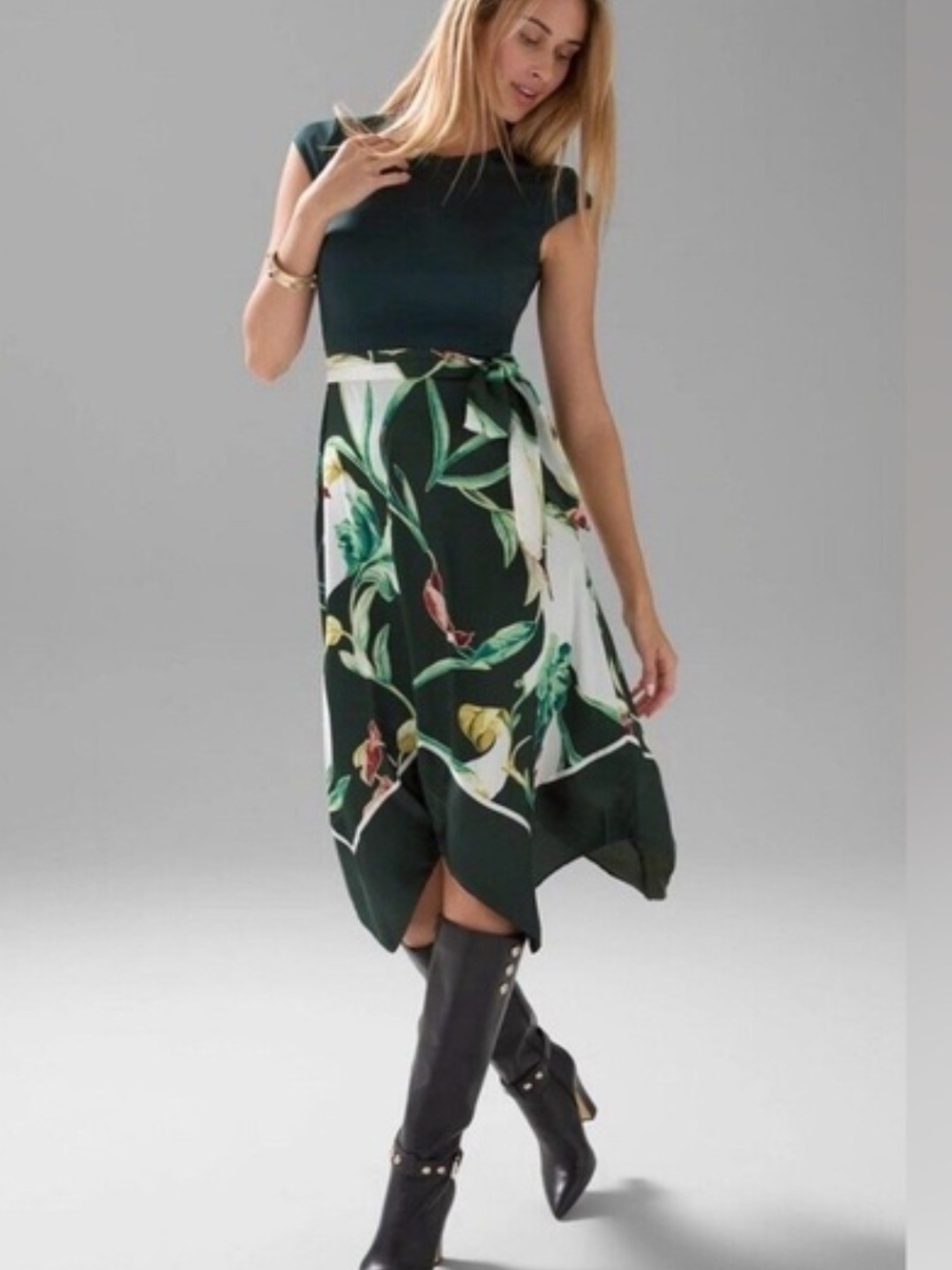 White House Black Market Dark Green Floral Midi Dress